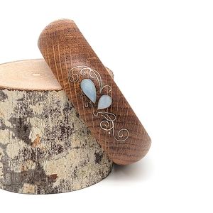 Vintage Wood Bangle Bracelet With Mother Of Pearl Inlay